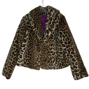 Wild Fable Leopard Print Faux Fur Jacket With Purple Satin Lining Size Medium